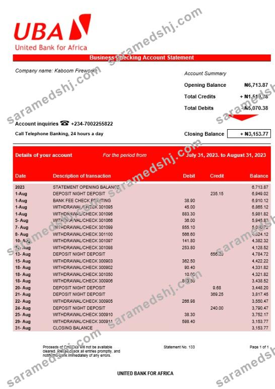 United Bank for Africa organization account statement Word and PDF template